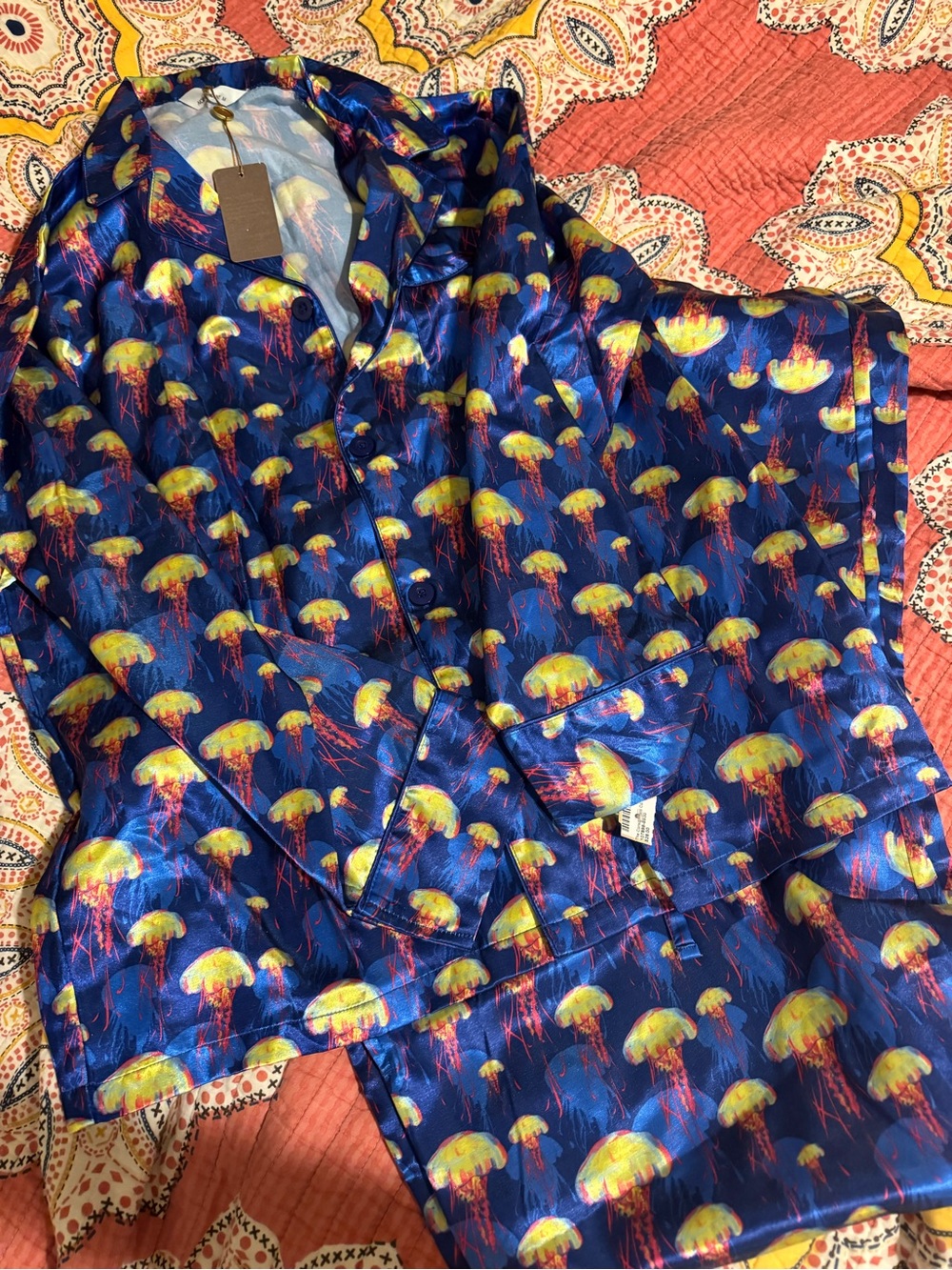 Silky Navy Blue Jellyfish-Print Women's Pajama Set